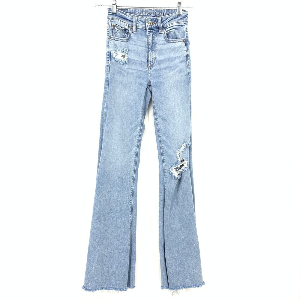 American Eagle Outfitters Super High Rise Flare Leg Jeans 00 Raw Hem Light Wash